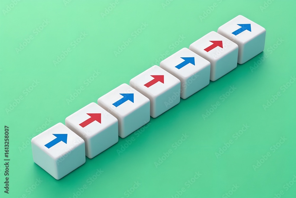Poster alternating intent – color-coded arrows on cubes, pattern recognition, contrasting motion, editorial