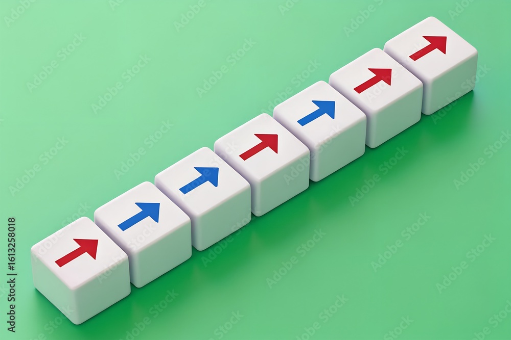 Poster alternating intent – color-coded arrows on cubes, pattern recognition, contrasting motion, editorial