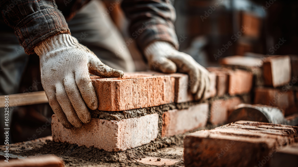 Aufkleber crafting sturdy walls with precision at a busy construction site using red and tan bricks and protec