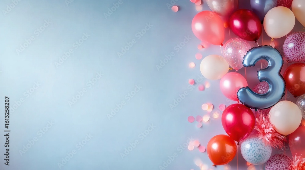 Poster balloons in various colors surround a large number three, creating a cheerful setting for a child's 