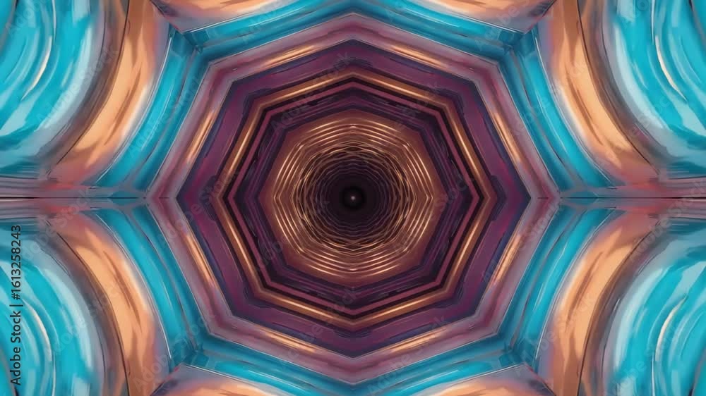 Poster colorful hexagonal tunnel creating a mesmerizing kaleidoscopic pattern with vibrant shades of blue, 