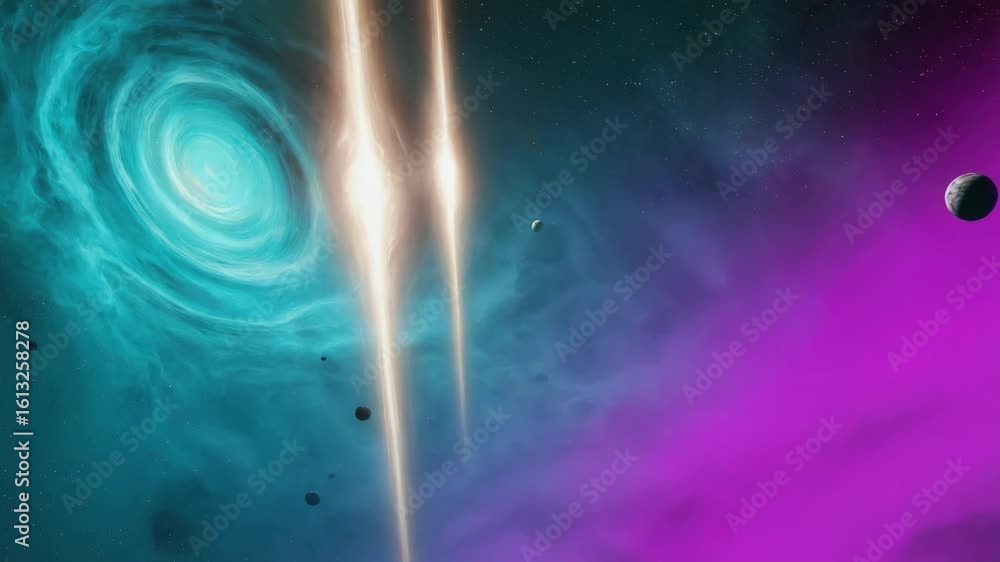 Poster wormhole opening in a colorful nebula with planets and bright lights emanating from the center creat