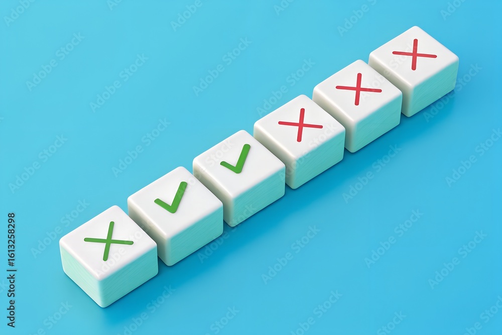 Poster validation patterns – correct and incorrect symbols in cube sequence, grading, review process, strat