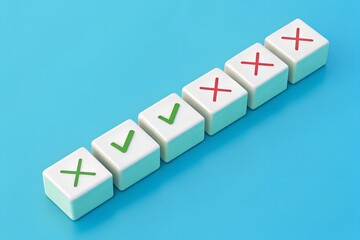 Obraz premium Validation Patterns – Correct and Incorrect Symbols in Cube Sequence, Grading, Review Process, Strategy, Abstract, Editorial, Minimal