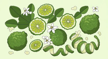 Delicate kaffir limes and leafy arrangements against a soft green backdrop artwork