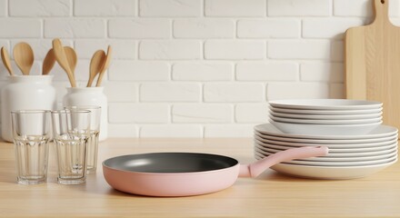 Modern Kitchen Setup With Pink Pan and White Plates on Wooden Counter.