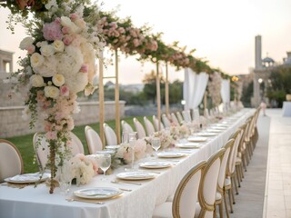 Elegant outdoor wedding reception long table setup with floral decor