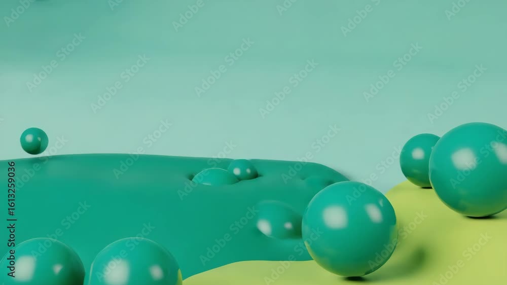 Poster multiple teal spheres of different sizes are floating against a turquoise background, with a light g