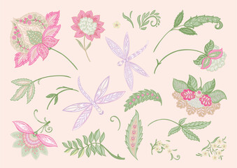 Fantasy flowers and dragonflies in retro, vintage, jacobean style. Clip art, set of elements for design Vector illustration.