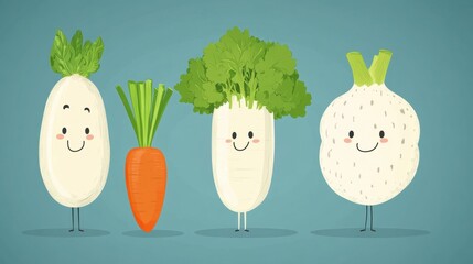 Cucumbers and radishes with smiling faces on a simple background