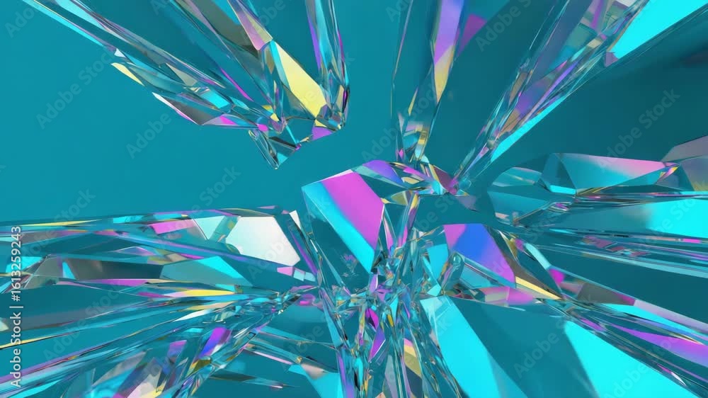 Poster crystal glass shards are spreading from the center creating an abstract, futuristic, and elegant com