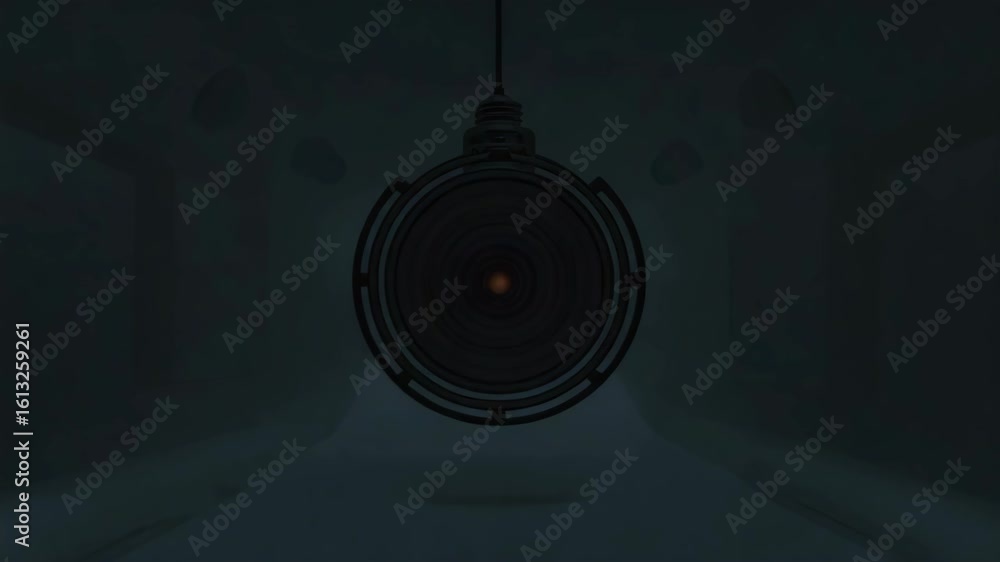 Poster modern circular lamp hangs from the ceiling, casting a bright light in an empty white room with spot