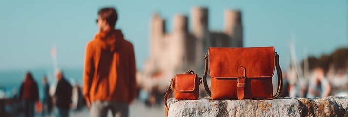 Two stylish red textured leather bags by a historic castle