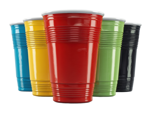 Colorful plastic cups for gatherings parties events isolated on transparent background, png