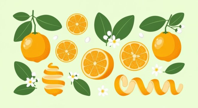 Delightful presentation showcasing citrus fruit arrangements with vibrant oranges and leaves on