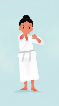Young girl in a white karate uniform is performing a martial arts stance with determination, showcasing strength and focus in a colorful, minimalistic illustration style. Animation