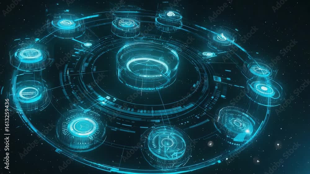 Poster futuristic glowing blue hud interface elements forming a circle in space with digital code and indic