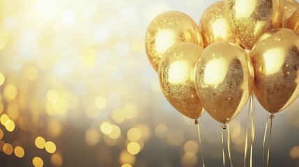 Golden balloons float gracefully, adding a touch of elegance to a joyful celebration with a shimmering background of lights