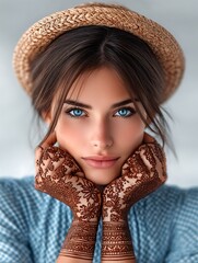 Captivating Young Woman with Vivid Blue Eyes and Henna Hand Designs Wearing a Straw Hat