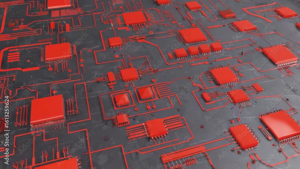 Poster red printed circuit board featuring numerous electronic components transmitting data, forming a capt