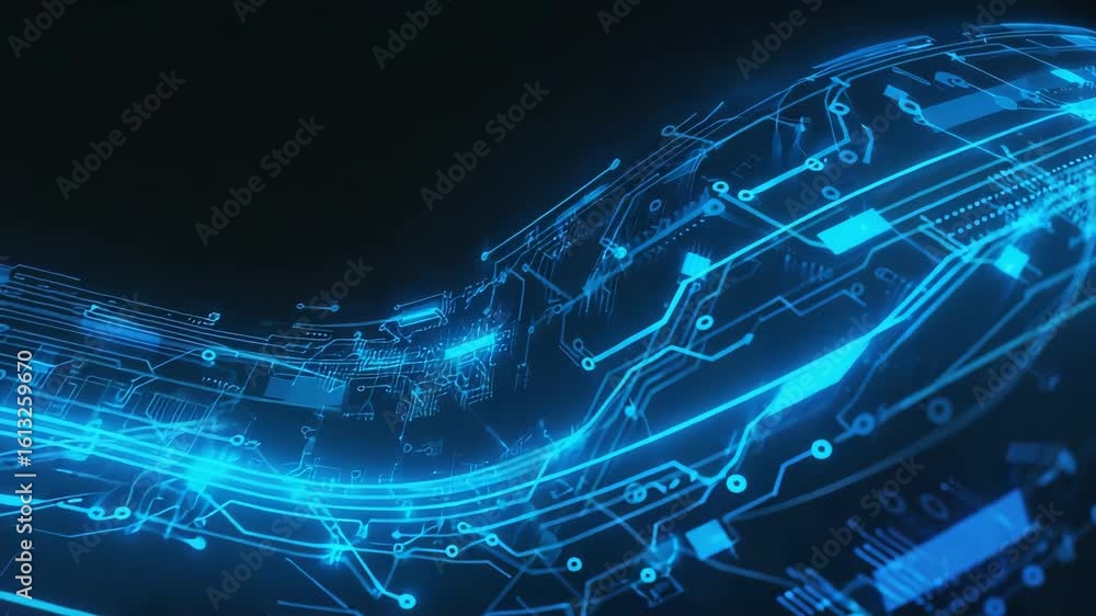 Aufkleber complex blue circuit board forming a wave with data flowing through electronic components, symbolizi