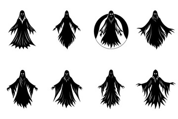 Fototapeta premium Collection of eight black ghost figures in different shapes and forms on a white isolated background