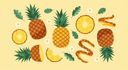 Whimsical pineapple composition with tropical leaves and blossoms on a light backdrop conveying