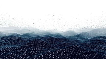 Abstract digital landscape.  Dark, textured hills, dotted with points, fading to white