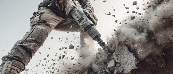 Worker breaks concrete wall with jackhammer, creating dust clouds in a dynamic construction environment