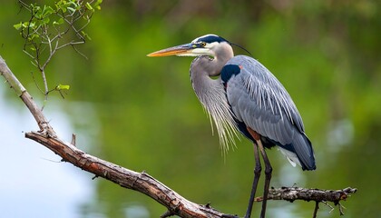 Elegant Great Blue Heron Perched on Branch in Natural Habitat with Serene Backdrop