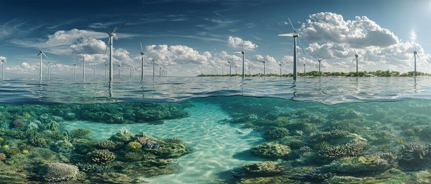 Captivating ocean landscape showcasing wind turbines and vibrant coral reefs for sustainable energy