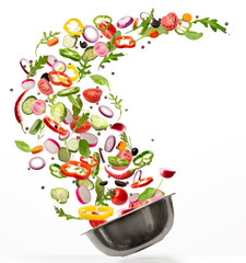 Preparation Concept. Sliced and tossed fresh organic vegetables fly in or out of steel pot on white...