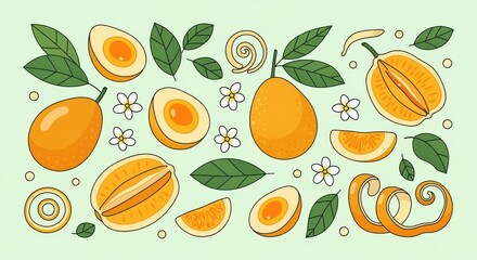 Delightful kumquat citrus pattern with blooms and foliage creating a fresh tropical vibe filled