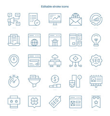 SEO and SEM stroke icon. SEO and SEM line icon set. editable stroke icon pack