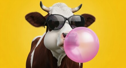 Cow blowing pink bubble gum wearing sunglasses on yellow background