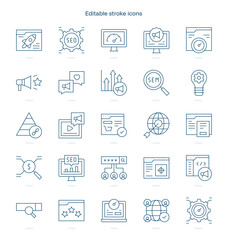 SEO and SEM stroke icon. SEO and SEM line icon set. editable stroke icon pack
