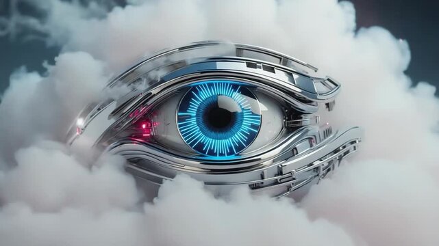 Futuristic bionic eye with blue pupil emerging from white clouds of smoke and pink particles, creating a mysterious and technological atmosphere