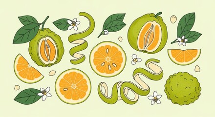 Elegant illustration with pomelo fruit segments leaves and flowers arranged artistically creating