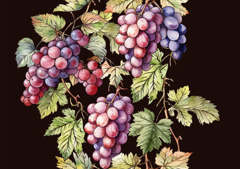 Seamless vector pattern with ripe grape bunches, leaves, and vines. Hand-drawn watercolor style. Ideal for wine labels, textiles, wallpapers, and packaging. Elegant, botanical, and vintage-inspired.