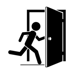 Running Figure Exiting Open Door; Simple Black Icon; Urgent Departure Graphic