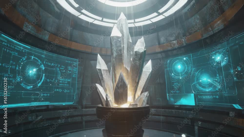 Poster giant crystal cluster emits a warm light, standing on a pedestal in the center of a futuristic labor