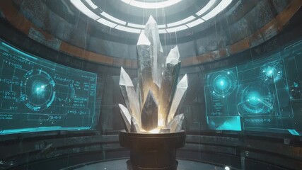 Giant crystal cluster emits a warm light, standing on a pedestal in the center of a futuristic laboratory, surrounded by holographic screens displaying complex data and calculations - Powered by Adobe