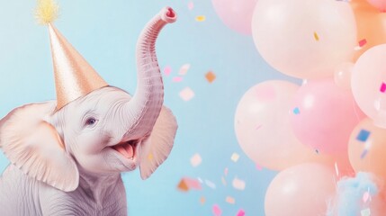 Cute baby elephant celebrating with balloons at a cheerful party
