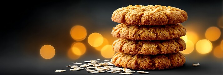 Deliciously Baked Oatmeal Cookies Stacked High With Bokeh Lights