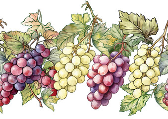 Seamless vector pattern with ripe grape bunches, leaves, and vines. Hand-drawn watercolor style. Ideal for wine labels, textiles, wallpapers, and packaging. Elegant, botanical, and vintage-inspired.