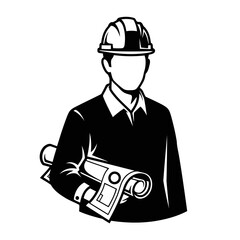 Black and white illustration: Engineer holding blueprints, serious, construction industry, professional, monochrome, vector graphic.