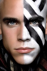 Striking Male Model with Artistic Face Paint and Intense Blue Eyes