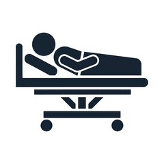 Patient on Hospital Gurney, Simple Icon, Healthcare Symbol, Medical Illustration, Flat Design, Dark Blue, Minimalist Style