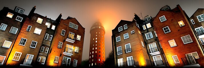 Surreal Perspective of Lit Buildings Under Orange Sky