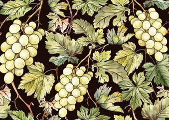 Seamless vector pattern with ripe grape bunches, leaves, and vines. Hand-drawn watercolor style. Ideal for wine labels, textiles, wallpapers, and packaging. Elegant, botanical, and vintage-inspired.